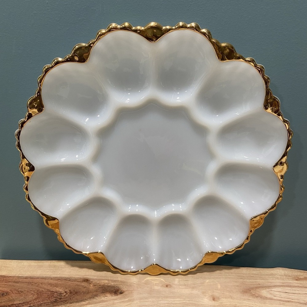 Anchor Hocking White and Gold Dinnerware Oyster Plate